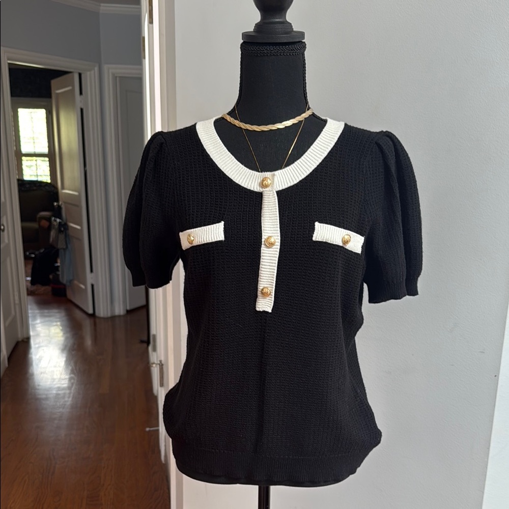 Express Black and White Puff Sleeve Blouse with Bib Collar